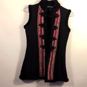 Revu Womens Boho Long Black 100% Wool Crochet Trim Vest Size Small